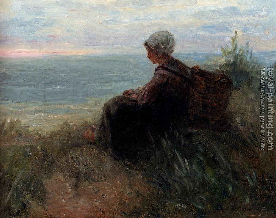 Jozef Israels : A Fishergirl On A Dunetop Overlooking The Sea
